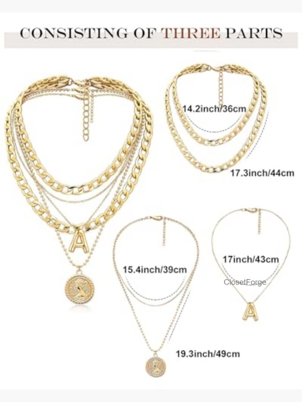 Layered Balloon Initial Coin Pendant Necklace Set 3-Chain Choker - Picture 5 of 7